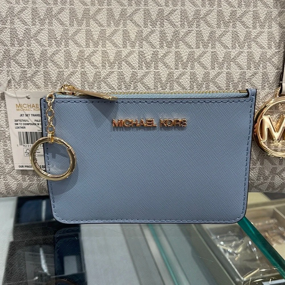 MICHAEL KORS SMALL TOP ZIP COINPOUCH WITH ID CARD CASE WALLET  PALE BLUE  NWT